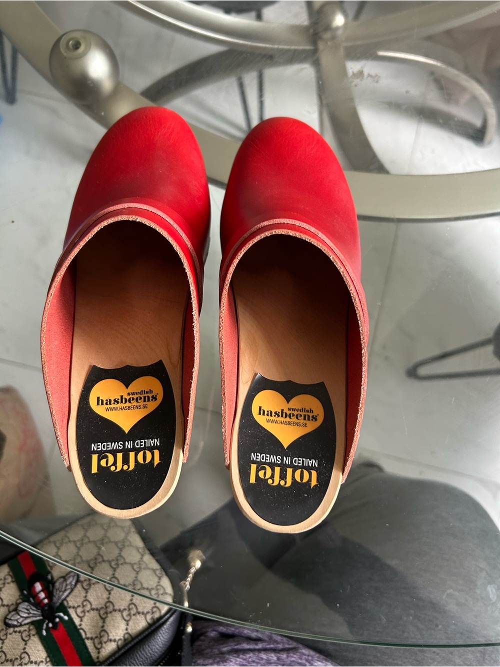 Hasbeens Toffel Swedish Born Red Leather Clog Mules with Wood Block Heel size 38 - Picture 4 of 9
